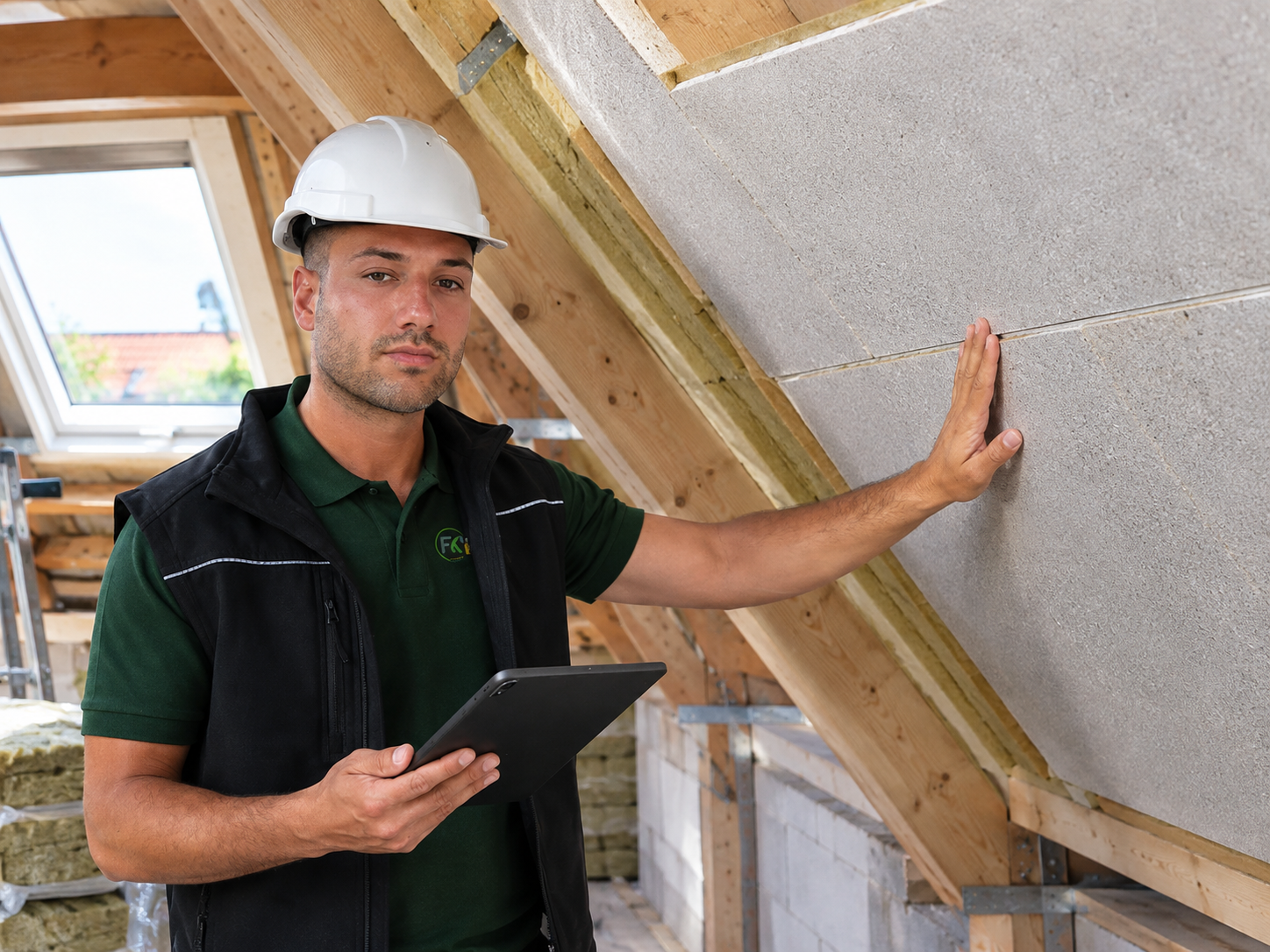 Energieberater Hildesheim: Fernando Klimt prüft die Dachdämmung auf dem Dachboden und hält den Befund auf dem Tablet fest